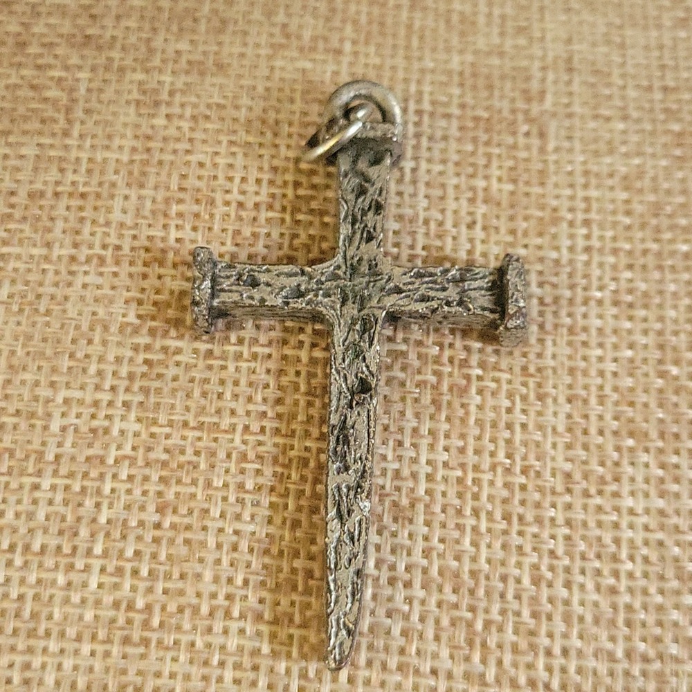 Vintage Silver Tone Nail Cross Pendant Religious Gothic Grunge Jewelry 1.5 Inch